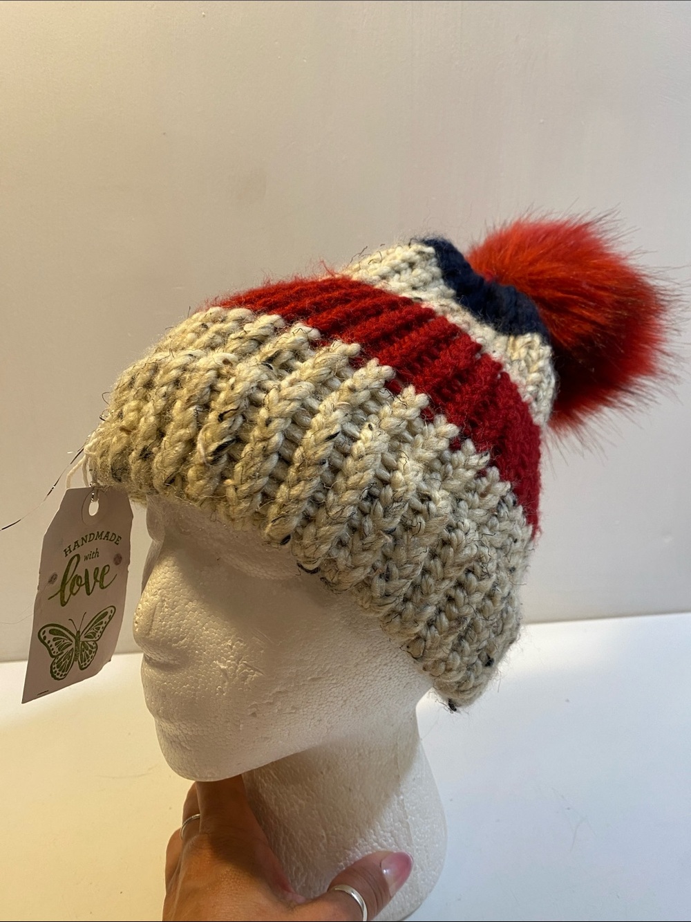 Handmade Withe Love   Pom Beanie - Red, Cream,  Navy NWT